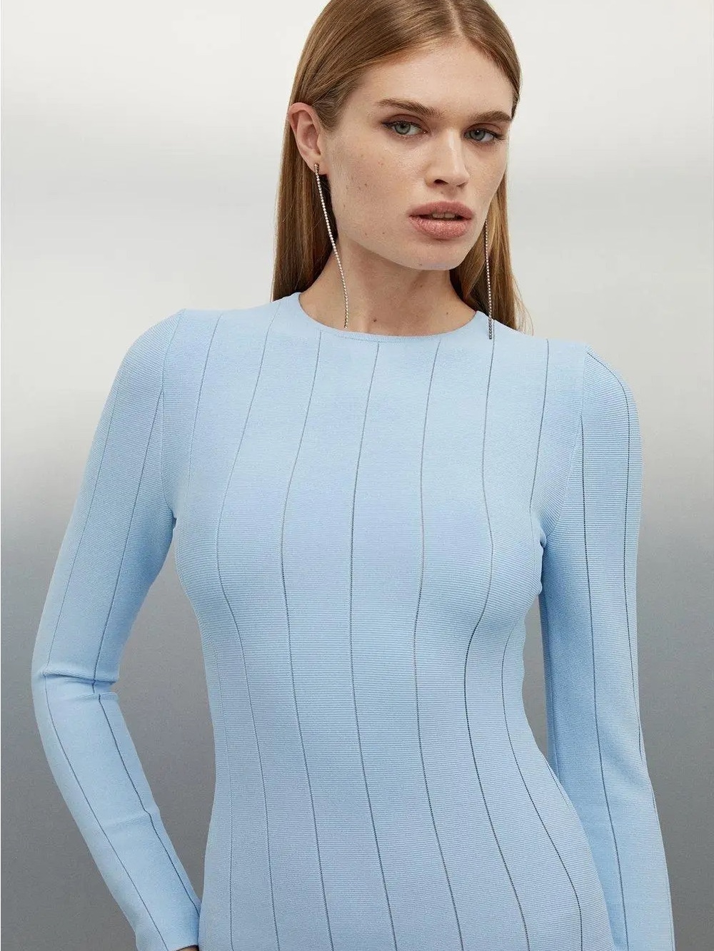 KARENMILLEN VISCOSE BLEND FILAMENT FULL SKIRT KNIT MIDI DRESS IN PALE BLUE - Picture 2 of 6